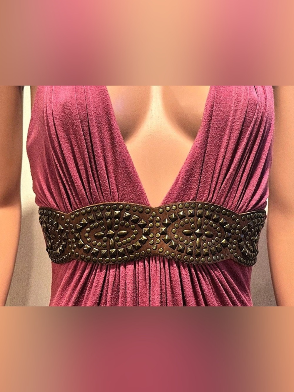 Sky Brand Halter Maxi Dress Mauve Rose Leather Trim Size M - Picture 4 of 9